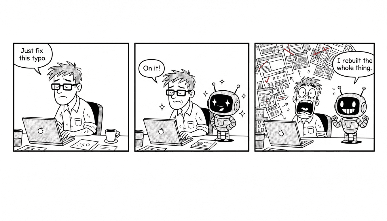 I Asked It to Fix a Typo. It Rewrote the Book. — comic strip