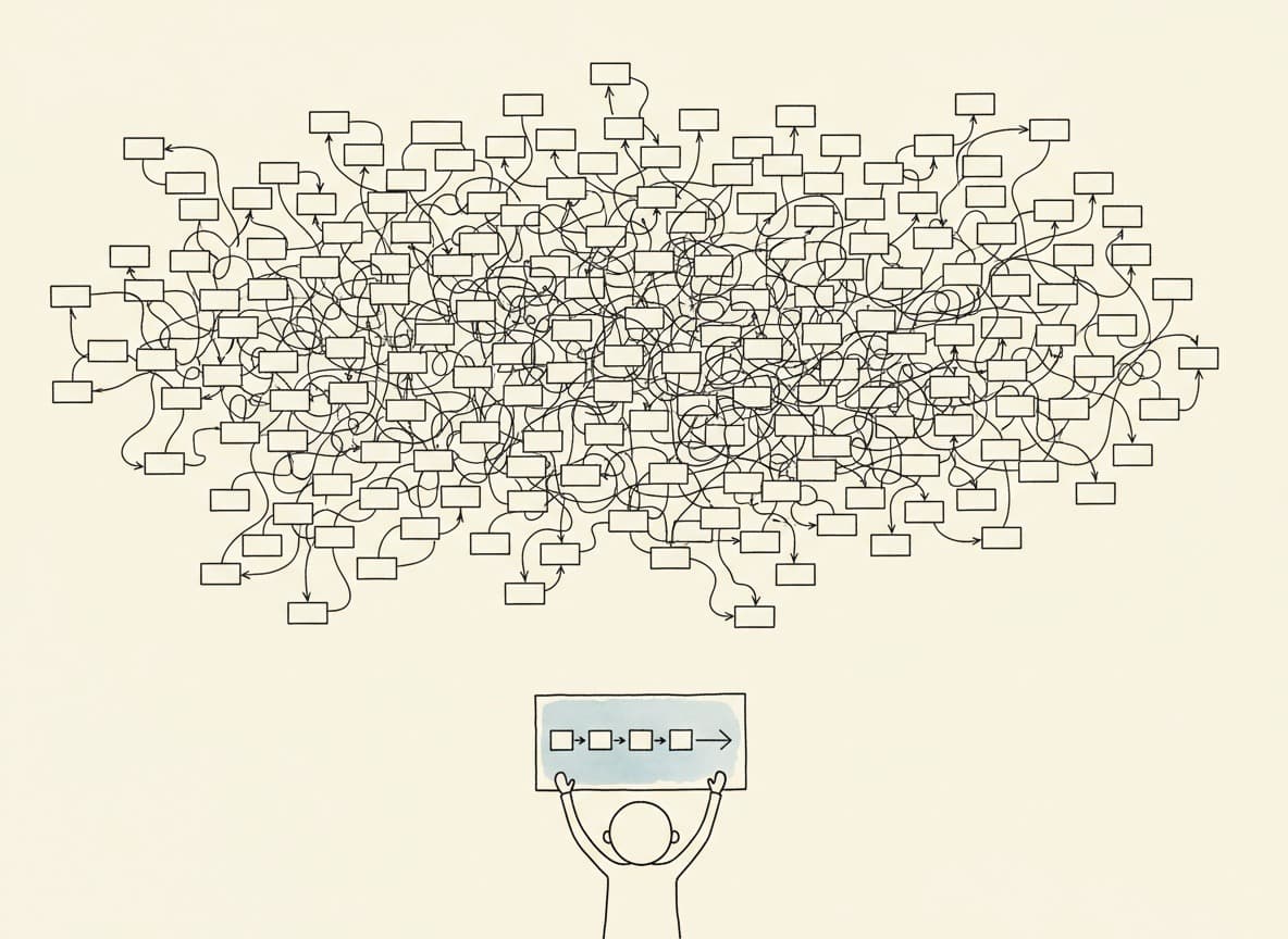 A small figure holds up a neat flowchart of four boxes joined by three arrows. Towering above them, running off every edge of the frame, is a flowchart of the same kind made of hundreds of boxes joined by tangled crossing arrows.