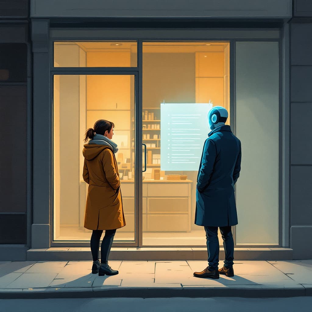A human shopper and an AI agent read the same notice on a storefront door at dusk