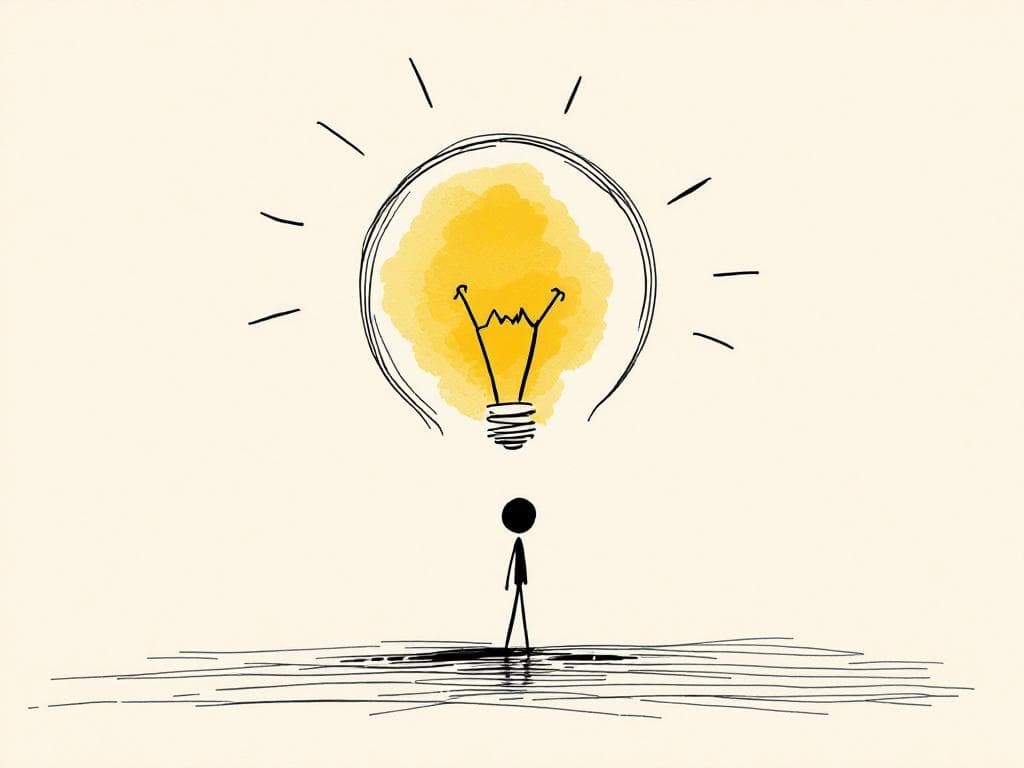 A simple light bulb with a small figure looking up at it.