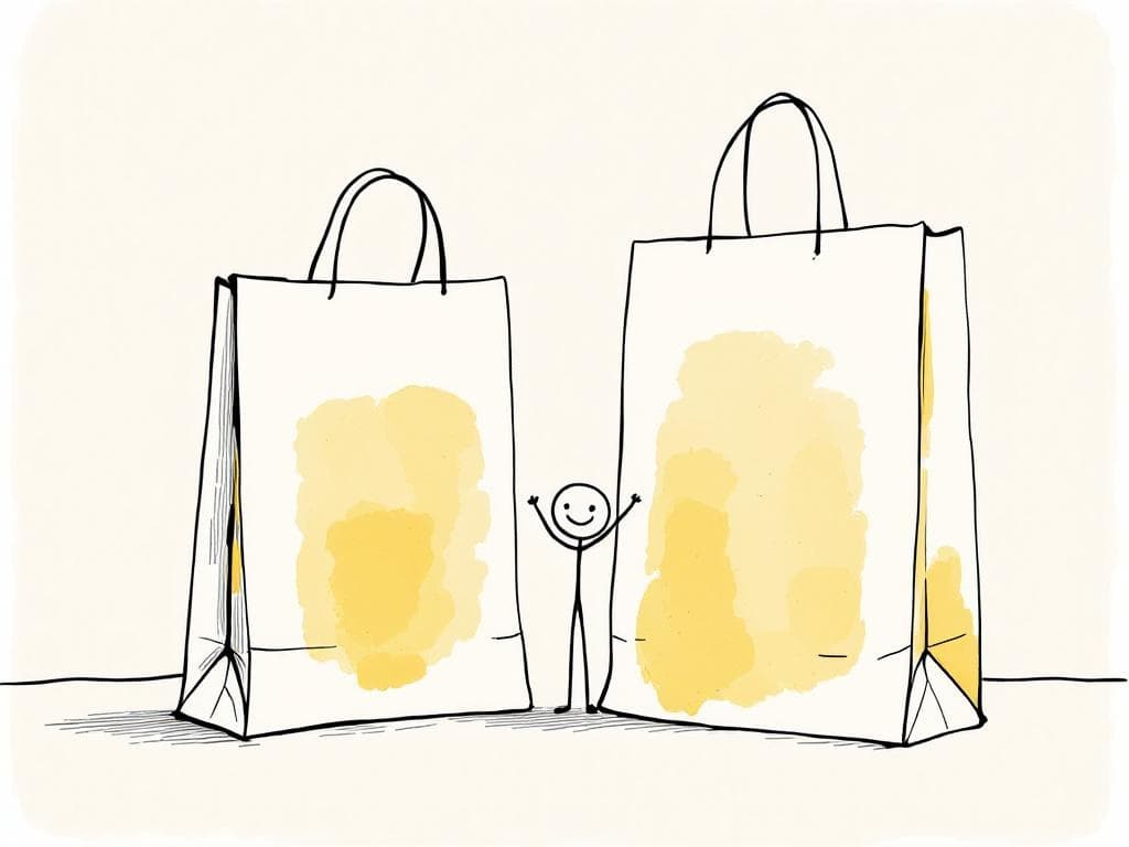 Two shopping bags side by side with a small figure standing beside them in a satisfied gesture.