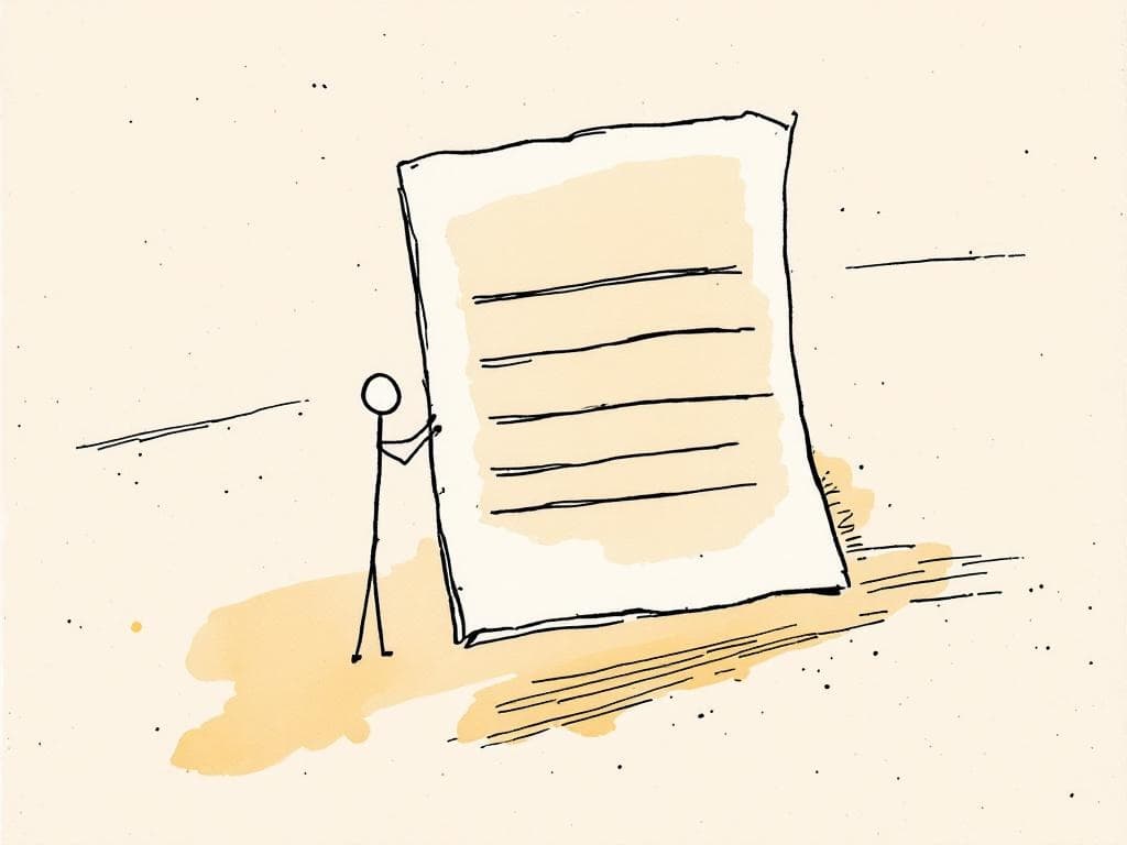 A single sheet of paper held by a small figure, with simple horizontal lines suggesting text.