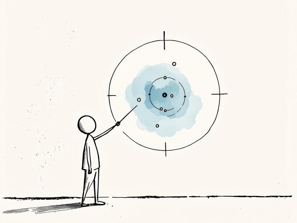 A radar screen with five small dot markers and a figure beside it pointing at one of the dots.