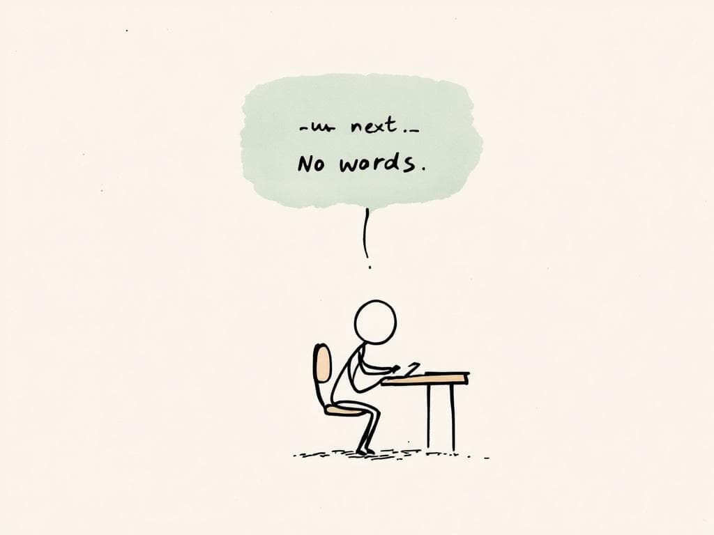 A small figure sitting at a tiny desk reading a note with a speech bubble of squiggle text.
